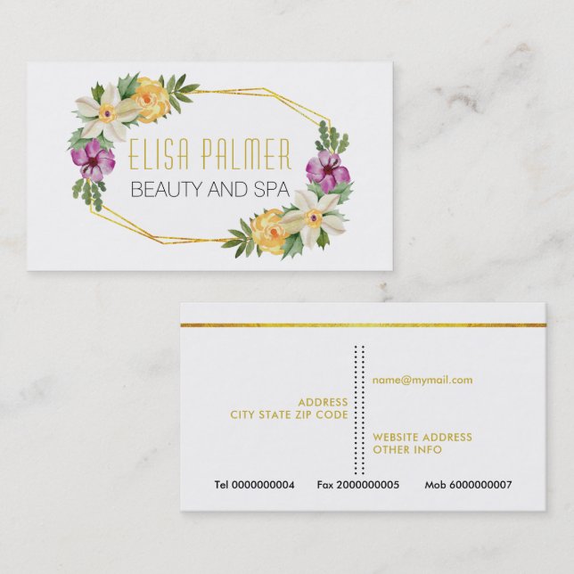 Tarjeta De Visita Flores acuarelas y polígonos dorados florales (Anverso / Reverso)