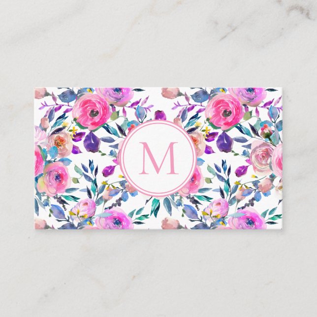 Tarjeta De Visita Flores acuáticas de monograma rosa (Anverso)