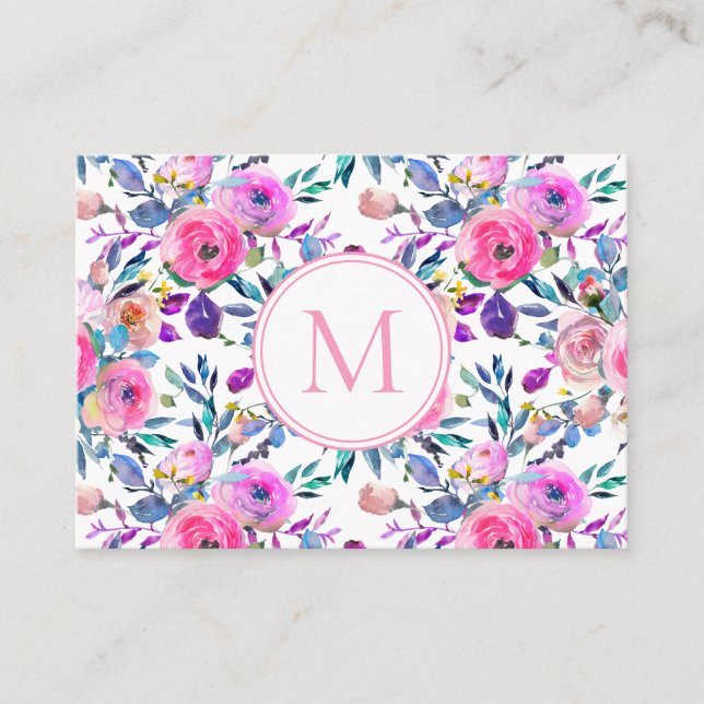 Tarjeta De Visita Flores acuáticas de monograma rosado púrpura (Anverso)