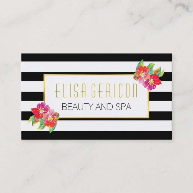 Tarjeta De Visita Flores acuáticas rayas negras y blancas floridas (Anverso)