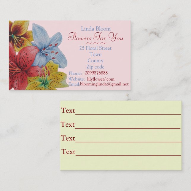 Tarjeta De Visita flores amarillo azul rojo Lilis floristas original (Anverso / Reverso)