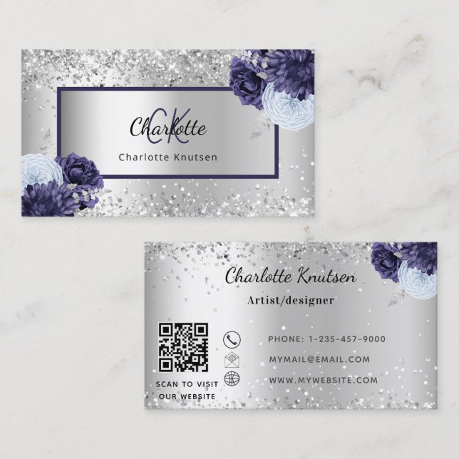 Tarjeta De Visita Flores azul marino plateado monograma código QR (Anverso / Reverso)