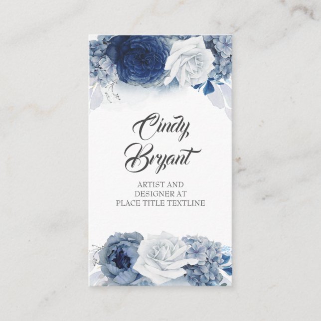 Tarjeta De Visita Flores azul turbio y azul marino elegante (Anverso)