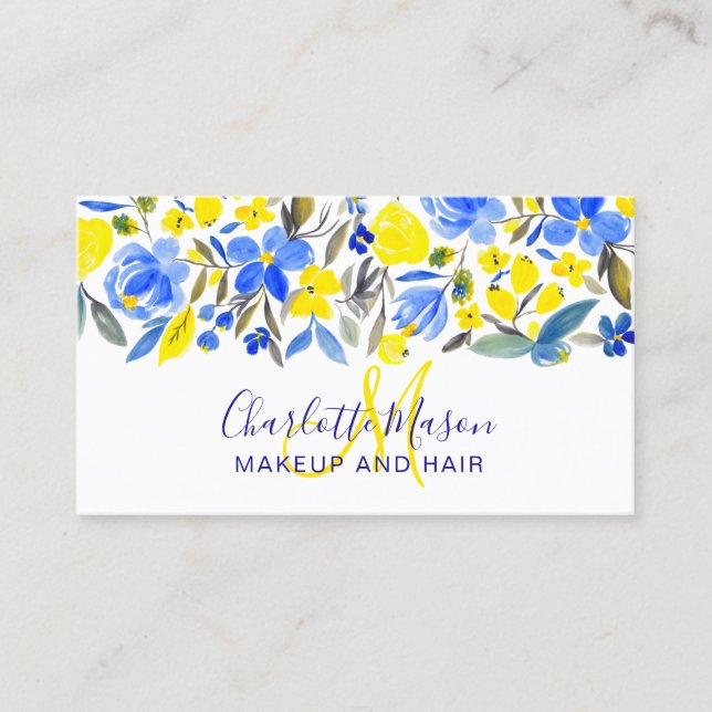 Tarjeta De Visita Flores azules amarillas maquillaje floral de moda (Anverso)