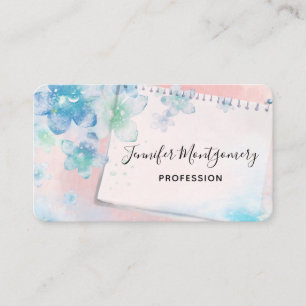 Tarjeta De Visita Flores azules de bonito en fondo rosado