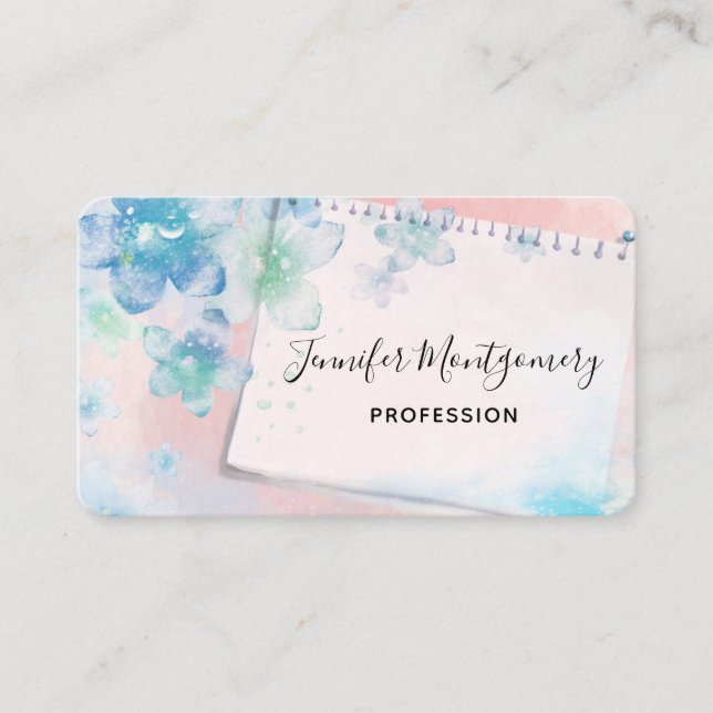 Tarjeta De Visita Flores azules de bonito en fondo rosado (Anverso)