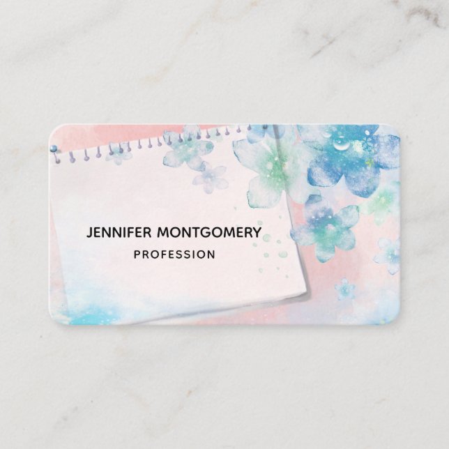 Tarjeta De Visita Flores azules de bonito en fondo rosado (Anverso)