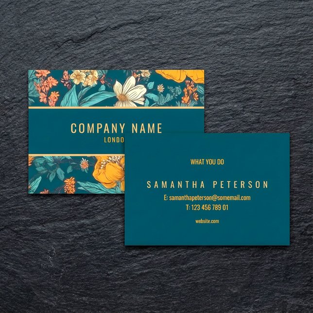 Tarjeta De Visita Flores azules y amarillas, borde dorado (Blue and yellow flowers, gold border business card.)