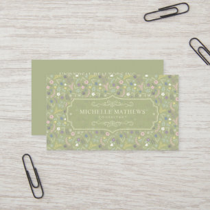 Tarjeta De Visita Flores Blancas Rosadas Verde Salvia Patrón Floral 