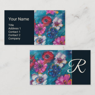 TARJETA DE VISITA FLORES BLANCOS ROJOS EN MONOGRAMA FLORAL AZUL