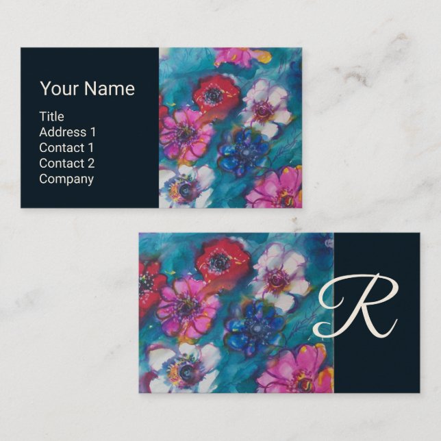 TARJETA DE VISITA FLORES BLANCOS ROJOS EN MONOGRAMA FLORAL AZUL (Anverso / Reverso)