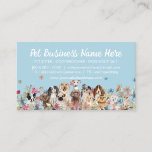 Tarjeta De Visita Flores Blue Elegant Dog Groomer Mascota Sitter