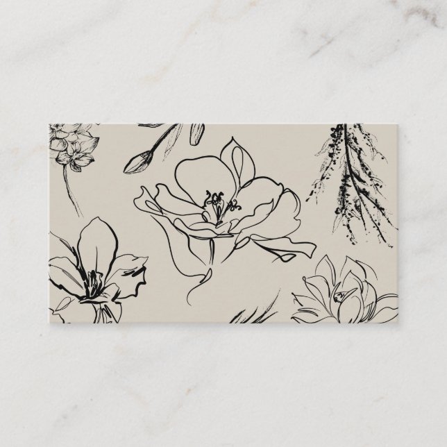 Tarjeta De Visita Flores Boceto Beige Script Firma Elegante (Anverso)