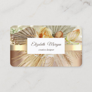 Tarjeta De Visita Flores Boho Franja Dorada Elegante