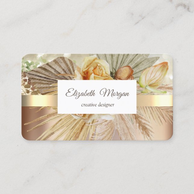 Tarjeta De Visita Flores Boho Franja Dorada Elegante (Anverso)