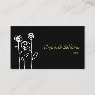 Tarjeta De Visita Flores Boho Negro y Blanco Minimalista