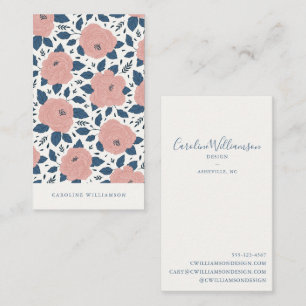 Tarjeta De Visita Flores Botánicas Modernas Boho Rosa Azul Marino