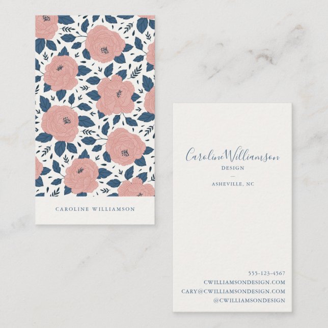 Tarjeta De Visita Flores Botánicas Modernas Boho Rosa Azul Marino  (Anverso / Reverso)