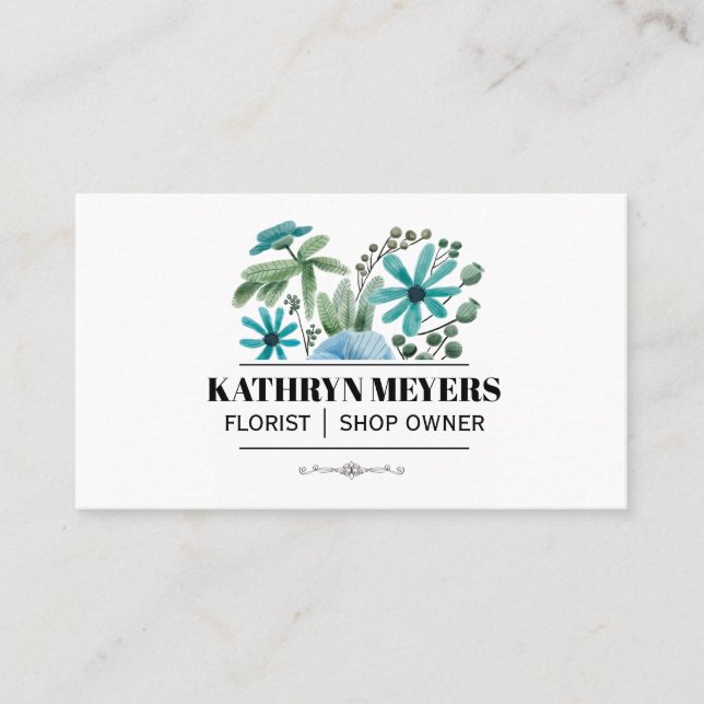 Tarjeta De Visita Flores Boutique | Flores azules (Anverso)