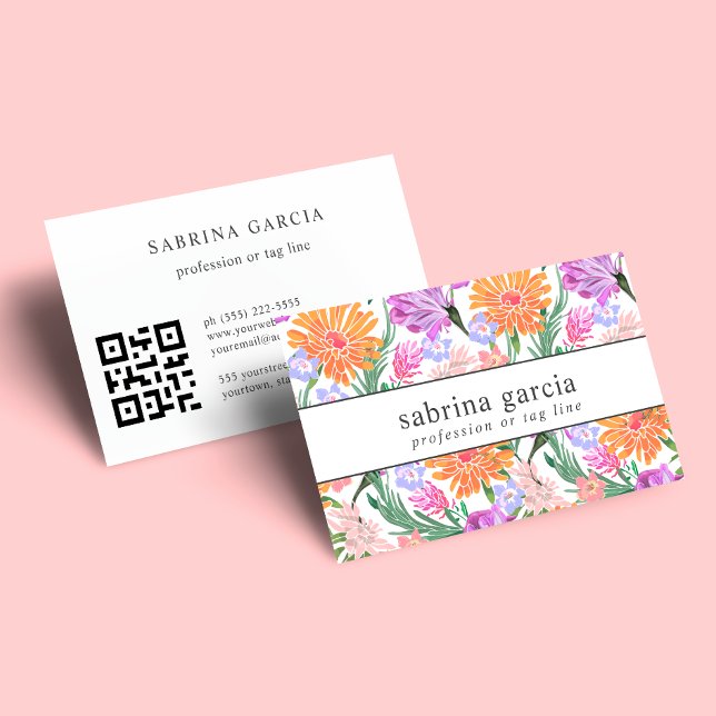 Tarjeta De Visita Flores brillantes | Código QR azul naranja púrpura (Subido por el creador)