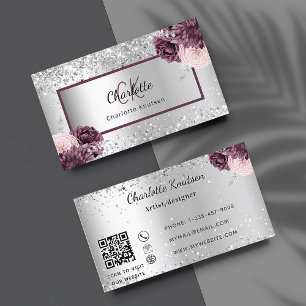 Tarjeta De Visita Flores burdeos plateadas elegante monograma código