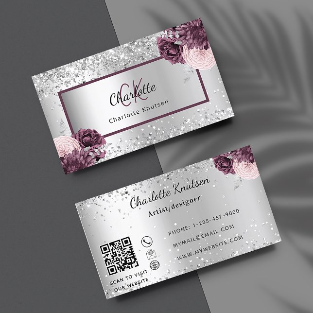 Tarjeta De Visita Flores burdeos plateadas elegante monograma código (Subido por el creador)