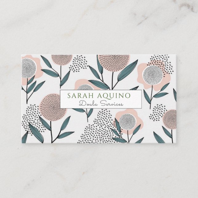 Tarjeta De Visita Flores caprichosas de mano Doula Birth Services (Anverso)