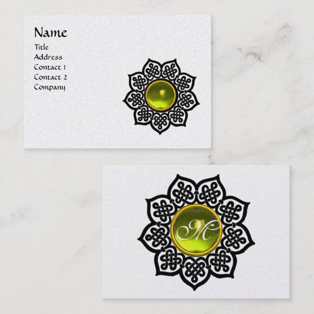 Tarjeta De Visita FLORES CELÁTICOS AMARILLO GEMSTONE MONOGRAM Blanco (Anverso / Reverso)