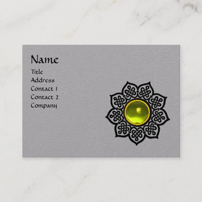 TARJETA DE VISITA FLORES CÉLTICOS NEGROS AMARILLO TOPAZ GEM MONOGRAM (Anverso)
