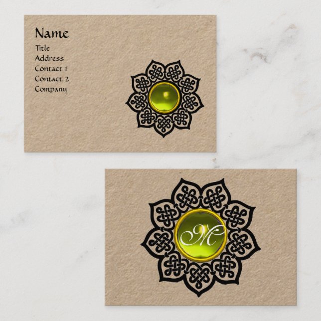 TARJETA DE VISITA FLORES CÉLTICOS NEGROS AMARILLO TOPAZ GEM MONOGRAM (Anverso / Reverso)