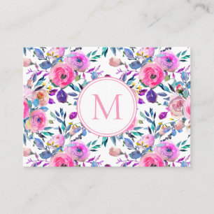 Tarjeta De Visita Flores color de agua morado rosado monograma
