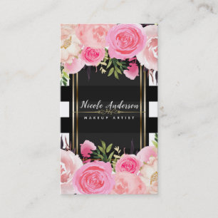 Tarjeta De Visita Flores color de agua rosada Black White Stripes Cl