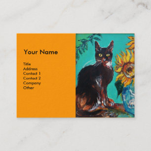Tarjeta De Visita FLORES CON GATO,amarillo naranja