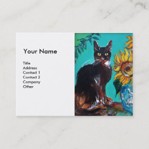 Tarjeta De Visita FLORES CON GATO NEGRO amarillo Aqua azul blanco