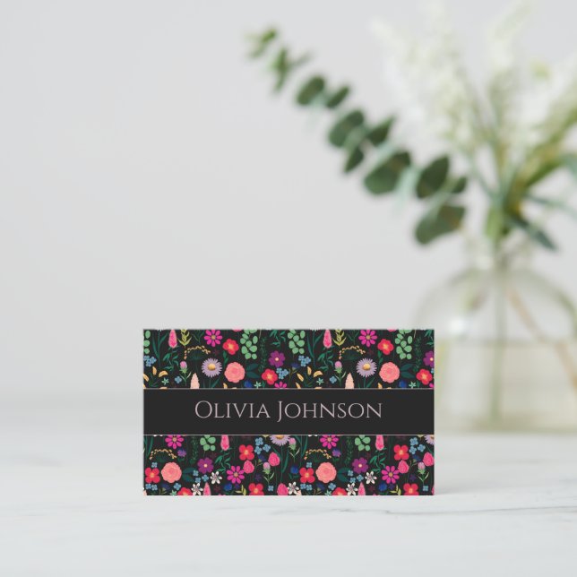 Tarjeta De Visita Flores de acuarela botánica Boho Black (Anverso de pie)