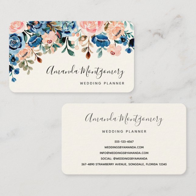 Tarjeta De Visita Flores de acuarela rosa y azul (Anverso / Reverso)