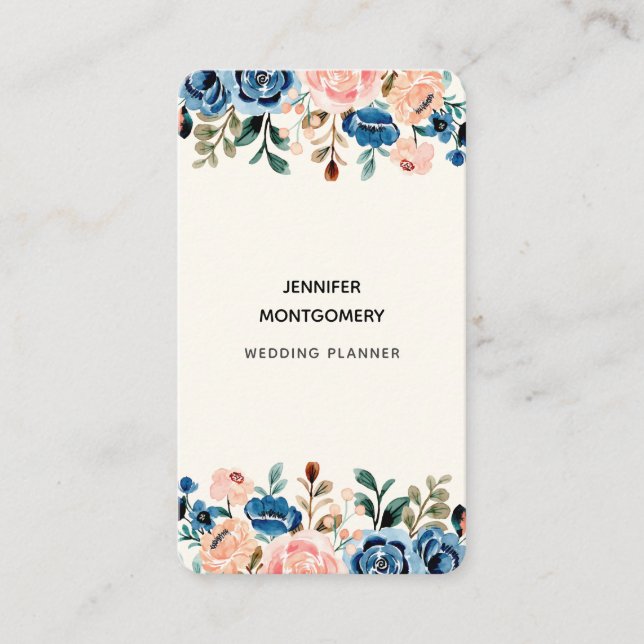 Tarjeta De Visita Flores de acuarela rosa y azul (Anverso)