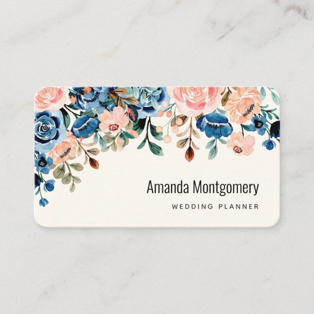 Tarjeta De Visita Flores de acuarela rosa y azul (Anverso)