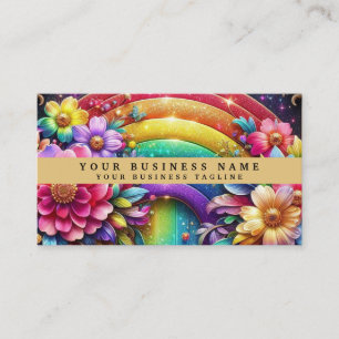 Tarjeta De Visita Flores de Arcoíris Modernas y Girly con Brillo y G