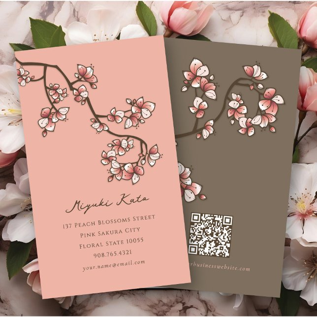 Tarjeta De Visita Flores de arveja rosa oriental Moda elegante Sakur (Oriental Pink Peach Blossoms Elegant Chic Sakura Spring Flowers Business/Profile Card @ fat_fa_tin)