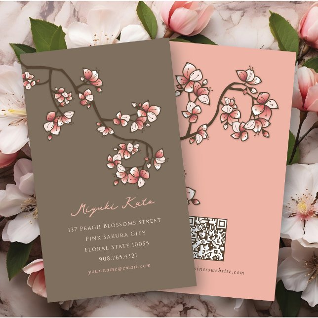 Tarjeta De Visita Flores de arveja rosa oriental Moda elegante Sakur (Oriental Pink Peach Blossoms Elegant Chic Sakura Spring Flowers Business/Profile Card @ fat_fa_tin)