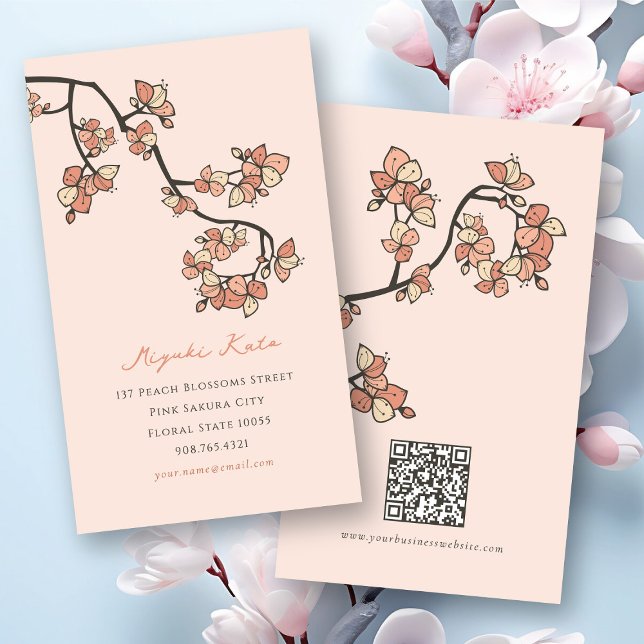Tarjeta De Visita Flores de arveja rosa oriental Moda elegante Sakur (Oriental Pink Plum/Peach Blossoms Elegant Chic Floral Sakura Business/Profile Card @ fat_fa_tin)