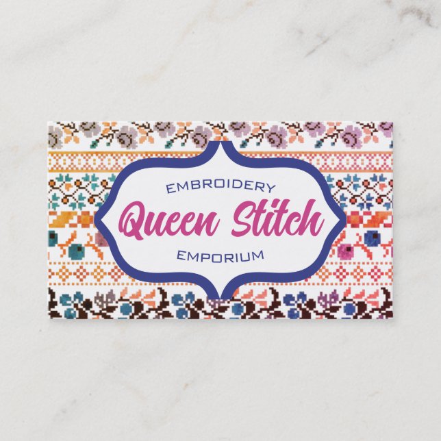 Tarjeta De Visita Flores de bordado en píxeles de punto cruzado azul (Anverso)