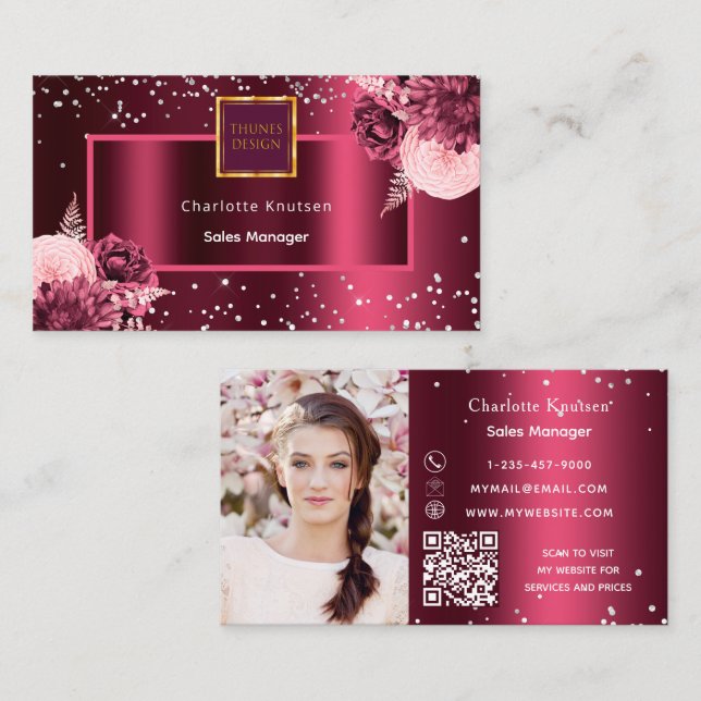 Tarjeta De Visita Flores de Borgoña foto logo código QR (Anverso / Reverso)