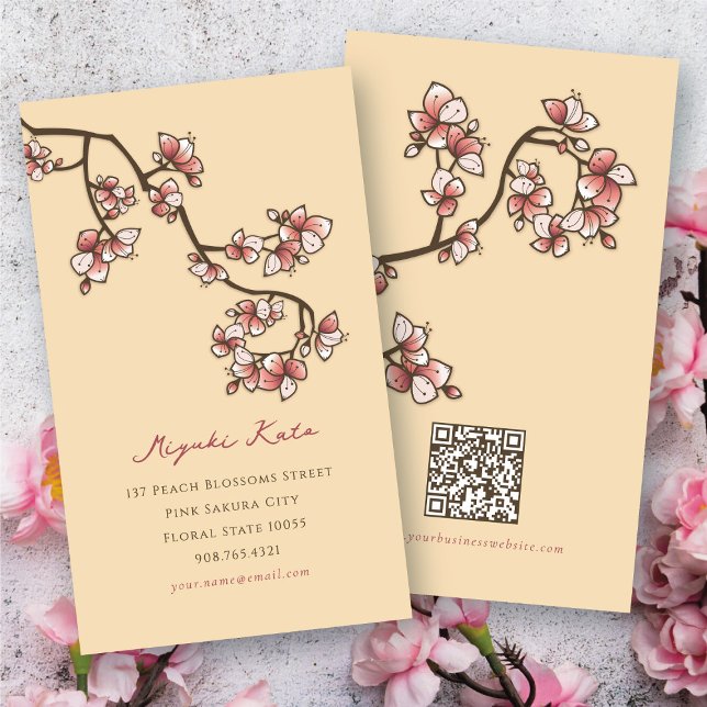 Tarjeta De Visita Flores de bóveda rosada elegantes de primavera flo (Oriental Pink Peach Blossoms Elegant Chic Sakura Spring Flowers Business/Profile Card @ fat_fa_tin)