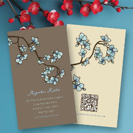 Tarjeta De Visita Flores de cerezo elegantes chic azul oriental melo