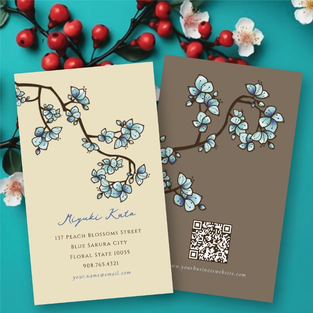 Tarjeta De Visita Flores de Cerezo Elegantes y Sofisticadas Oriental (Oriental Blue Peach Blossoms Elegant Chic Sakura Spring Flowers Business/Profile Card @ fat_fa_tin)