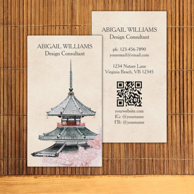 Tarjeta De Visita Flores de cerezo en el templo japonés acuarela (Subido por el creador)