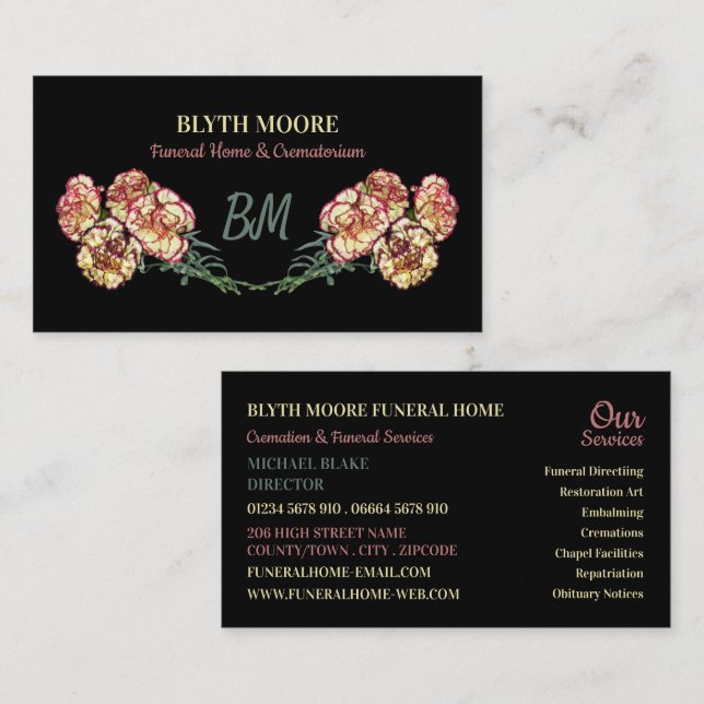 Tarjeta De Visita Flores de clavel, Casa de funerales, Directores (Anverso / Reverso)