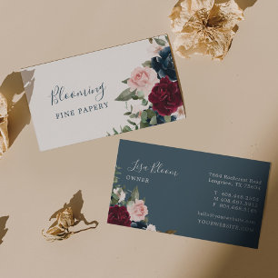 Tarjeta De Visita Flores de color rojo burdeos y azul elegante